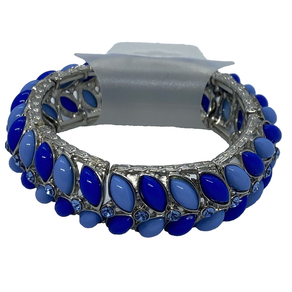 Tamina by Stella French Blue/Cobalt Blue Beaded 3" Stretch Bracelet Silver Band - Picture 7 of 10